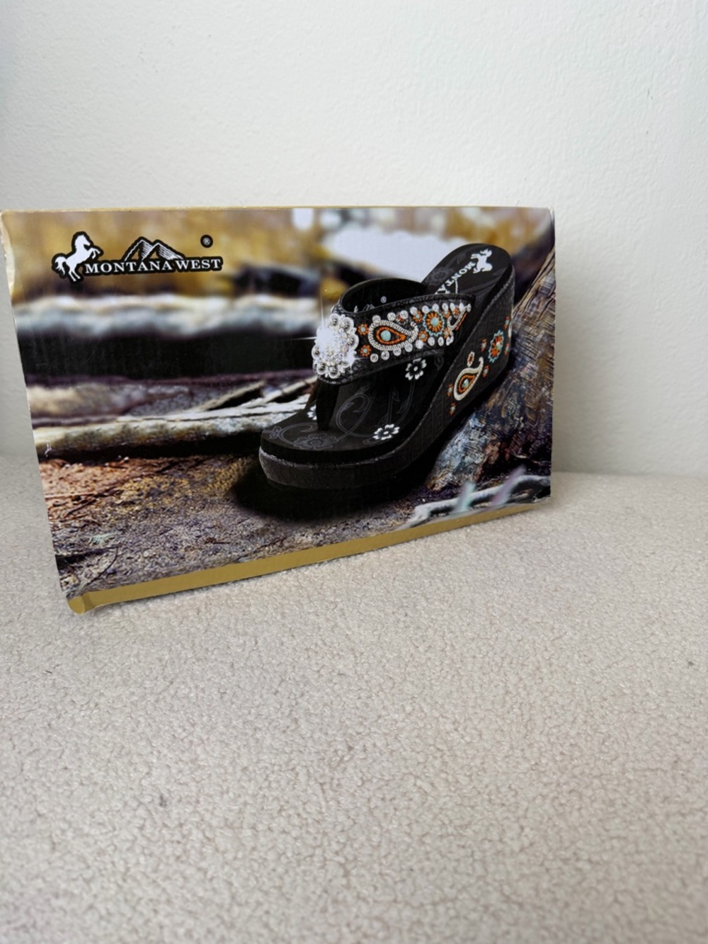 Montana West Black Wedge Sandals with Multicolor Paisley Embellishments - Picture 6 of 7